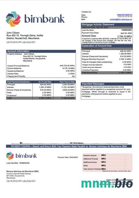 Mauretania Banque Islamique de Mauritanie (BIM) wyciąg z kredytu hipotecznego szablon Word i PDF